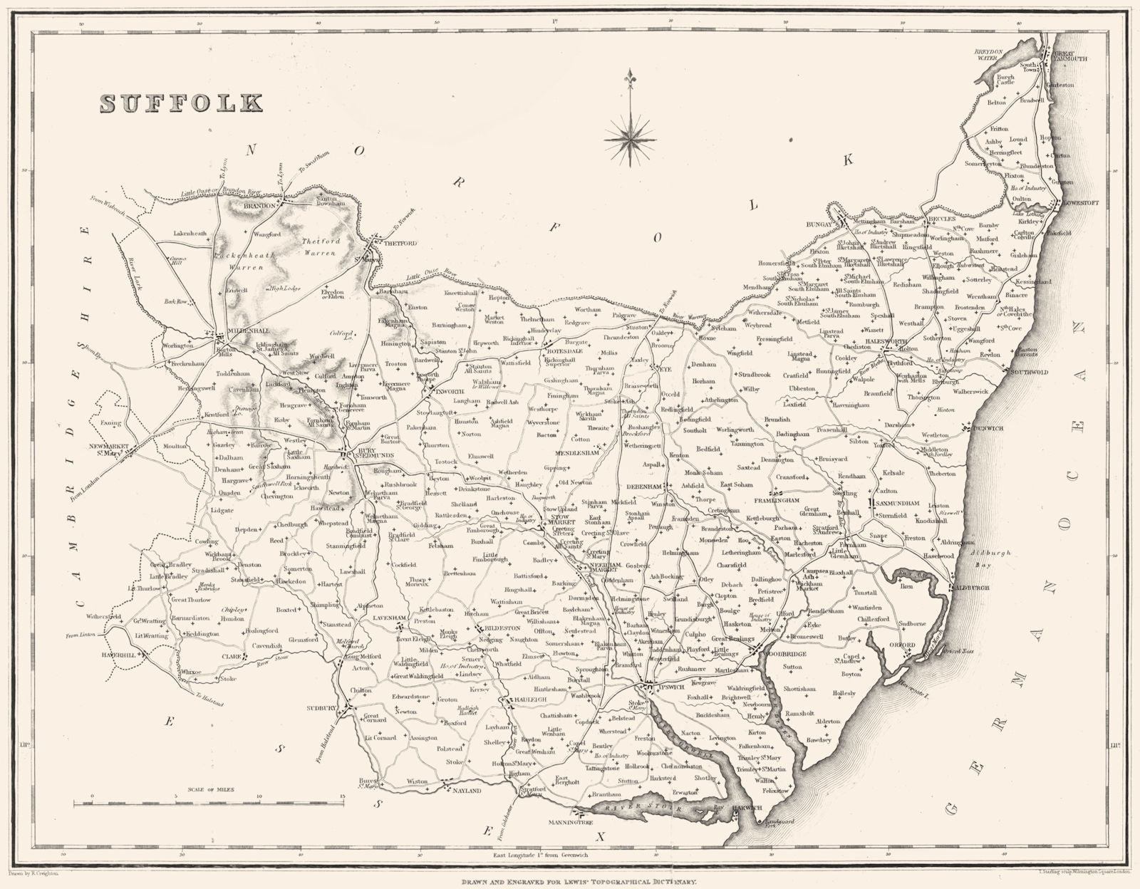 SUFFOLK. Suffolk. Lewis 1844 old antique vintage map plan chart